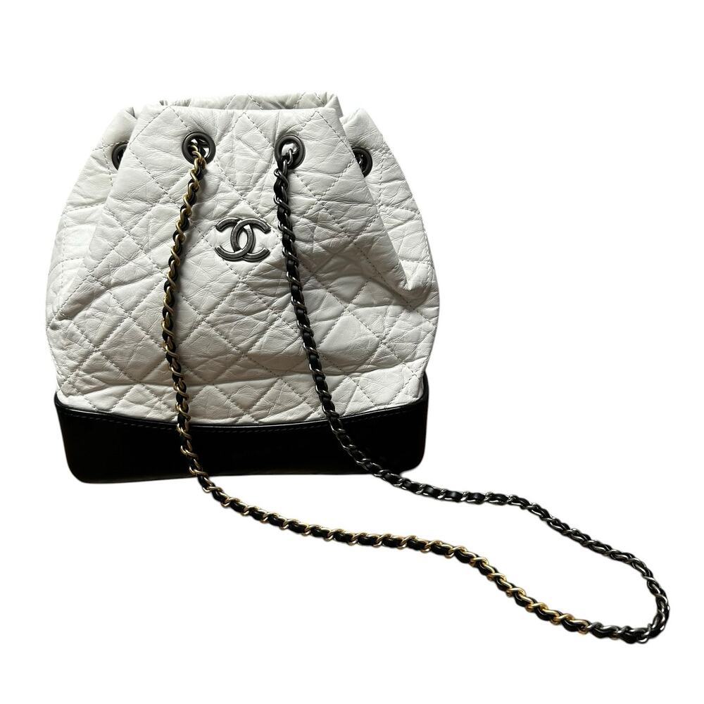 Chanel Calfskin Leather White Black Quilted Gabrielle Two Tone Chain Backpack - Picture 3 of 9